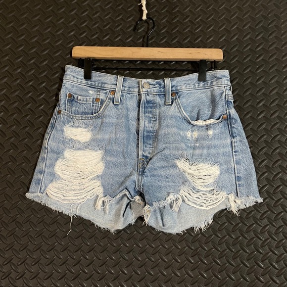 Levi's 501 Blue Light Wash Distressed Button Fly Denim Jean Shorts Women's 28 - Picture 1 of 8